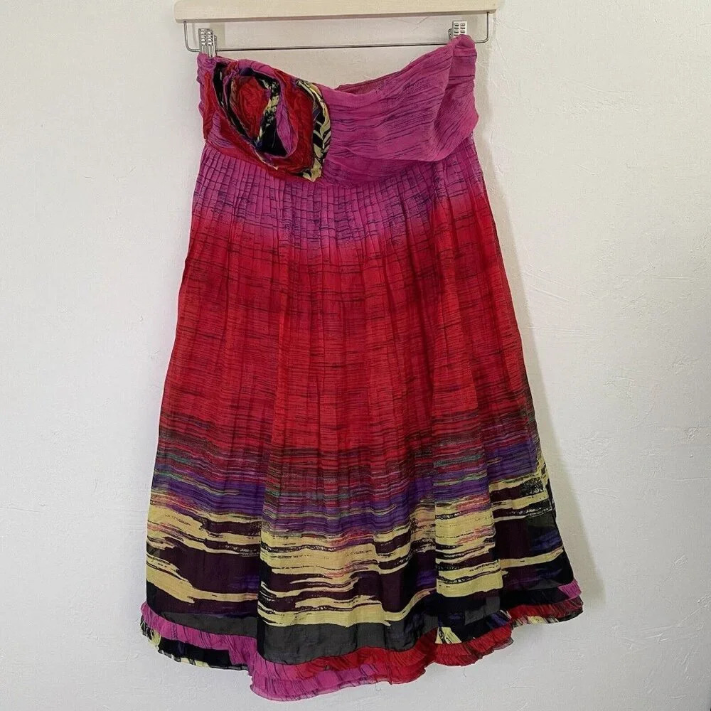La ROK Strapless Babydoll Empire Waist Mini Dress XS Silk Blend Pink Red Party
